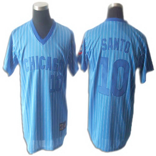 Best Quality Chicago Cubs Pinstripes Cooperstown 10 Ron Santo Blue with Baseball White MLB Jersey
